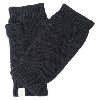 The Checkered Handwarmers, a pair of handmade fingerless gloves from Nepal, lay flat on a white surface. Crafted from 100% wool in a black, knitted design with a textured pattern, the gloves feature ribbed cuffs and are adorned with a small white fabric tag on one cuff.