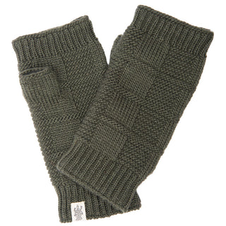 Introducing the Checkered Handwarmers: a pair of dark green knitted fingerless gloves made from 100% wool, featuring a textured pattern, ribbed cuffs at the wrists, and a small white tag with a design on one glove. Handmade in Nepal.