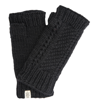 A pair of Diagonal Knit Handwarmers, featuring an intricate cable pattern design, are displayed. Handmade in Nepal from 100% wool, the black fingerless gloves are arranged one on top of the other with a small logo tag visible on one. The background is white.