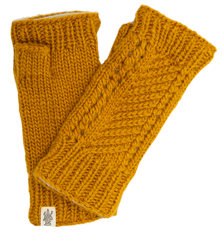 The Diagonal Knit Handwarmers, a pair of mustard yellow, hand-knit fingerless gloves, are displayed flat against a white background. Made from 100% wool, these gloves highlight a ribbed cuff and feature a textured, cable-like pattern on the top side. Handmade in Nepal, they are finished with a small fabric tag adorned with an emblem sewn onto the cuff of one glove.