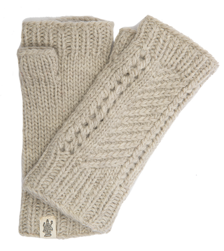 Introducing the Diagonal Knit Handwarmers: a pair of fingerless handwarmers crafted from 100% light beige wool. These gloves feature a ribbed cuff and a textured cable knit pattern along the length. Handmade in Nepal, they are displayed laid flat on a white background with a small tag showcasing the logo in the bottom left corner.
