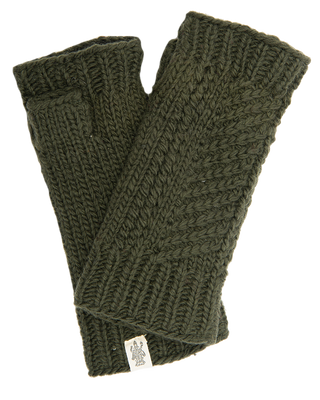 A pair of Diagonal Knit Handwarmers, handmade in Nepal and featuring a dark green ribbed pattern, is shown on a white background. The fingerless gloves include a small tag with a logo near the wrist area of one glove.