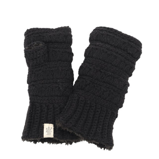 The Starry Handwarmers are a pair of black knitted fingerless gloves featuring ribbed cuffs. A small white label with the logo is attached to one of the cuffs. The gloves have a textured design with horizontal patterns that look cozy and warm.