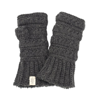A pair of Starry Handwarmers featuring a dark gray, knit design with a ribbed pattern. The fingerless gloves have a label with a small tree emblem on one and are placed side by side, one slightly overlapping the other. The texture appears warm and chunky.