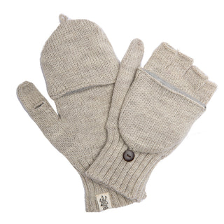 The Bryant Fingerless Gloves w/ Flap are a pair of light gray knitted wool gloves. One glove is displayed with its open finger design and buttoned flap for mitten coverage, while the other glove shows the mitten flap closed. A small tag is visible on the cuff, making these perfect convertible mittens for winter.