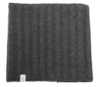 A black 100% wool Ribbed Neckwarmers with a label on it.