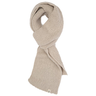 A beige, handmade Roam Scarf on a white background.