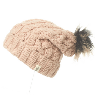 A handmade Pink Sugar Sugar Slouch beanie with a faux fur pom.