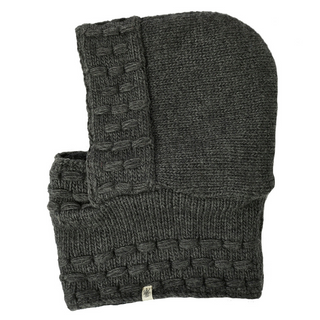 A grey knitted Legends Hood with a hood, featuring important SEO keywords in its product description.