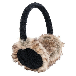 The Cable Knit Adjustable Earmuffs With Faux Fur feature a wool winter design with a black cable knit headband and faux fur earpieces in brown and black. These earmuffs are designed to keep the ears warm and have a soft, plush exterior.