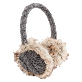 Introducing the Cable Knit Adjustable Earmuffs With Faux Fur: a pair of gray knitted earmuffs featuring fluffy faux fur on the earpieces. The headband, crafted in matching gray cable knit, is designed to complement the overall aesthetic perfectly. The faux fur boasts light brown and white tones, creating a striking contrast against the gray knit. These wool winter earmuffs are perfect for keeping warm on chilly days.