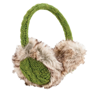 The Cable Knit Adjustable Earmuffs With Faux Fur are a pair of green earmuffs featuring a knitted headband and cups covered in fuzzy brown and white faux fur. These wool winter earmuffs appear cozy and are designed for cold weather.