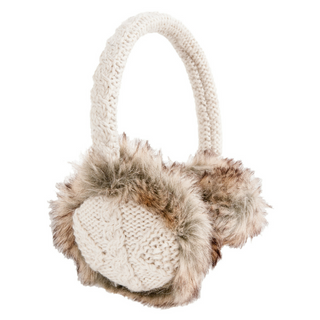 Introducing the Cable Knit Adjustable Earmuffs With Faux Fur: a cozy and stylish winter accessory. These wool earmuffs feature a knitted headband and ear coverings in a light beige cable knit pattern, complemented by brown-tinted faux fur lining for added warmth and comfort.