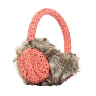 Introducing the Cable Knit Adjustable Earmuffs With Faux Fur: These earmuffs feature a coral-colored cable knit headband and matching ear covers. The inner side of the ear covers is lined with luxurious faux fur in shades of brown and gray, providing both style and comfort. The coordinated design makes these wool winter earmuffs a chic and practical choice.