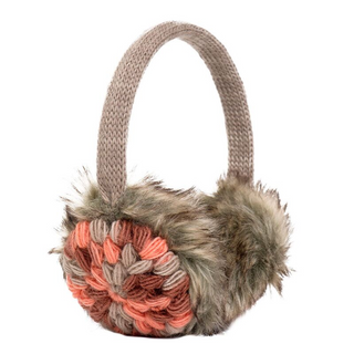 A pair of Kaleidoscope Earmuffs with pom poms.