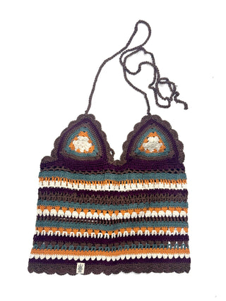 The Striped Classic Top, from Nirvanna Designs' summer collection, is hand-crocheted with triangular cups, multicolored earthy stripes, a scalloped edge, and long braided straps for a stylish seasonal look.