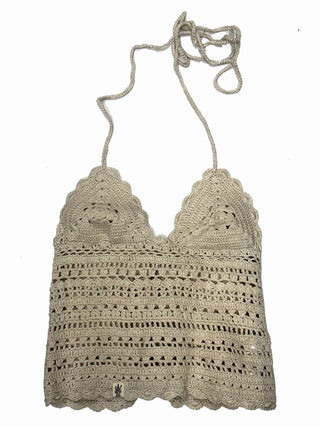 The Classic Top is a hand-crocheted, cream halter with scalloped edges, a tie neck strap, and horizontal openwork rows. Shown against a plain white background, it’s perfect for your summer collection.