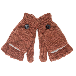 A pair of rust-colored Fingerless Gloves With Button Flap and Fleece Lining. They feature a cozy fleece lining and have flap covers that can be buttoned down or used to cover the fingers for extra warmth during winter.