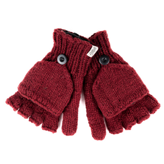 A pair of Fingerless Gloves With Button Flap and Fleece Lining, featuring a red wool design with attached mitten flaps. These convertible gloves include two black buttons on the wrist area to secure the flaps when not in use. The ribbed knitting pattern provides additional texture, making them perfect winter gloves.