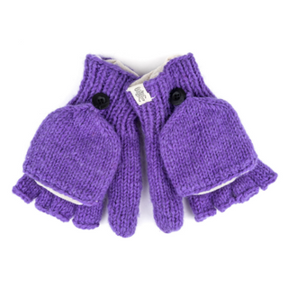 The Fingerless Gloves With Button Flap and Fleece Lining, shown here in purple, are ideal as winter gloves. They feature half-finger coverage with a flap that can be buttoned over to convert them into mittens. Each glove is adorned with a black button, a small white tag, and offers cozy fleece lining for extra warmth.