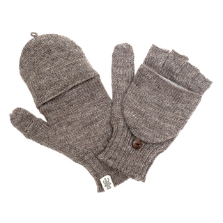 A pair of Bryant Fingerless Gloves w/ Flap in gray wool, featuring one opened to reveal cozy wool fingerless gloves underneath and the other fully closed. These winter mittens include a button on the wrist cuff to secure the top flap.