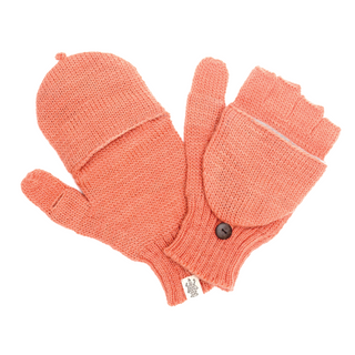 Displayed is a pair of Bryant Fingerless Gloves w/ Flap in orange. One glove is shown with the flap pulled over, while the other has the flap folded back to reveal finger openings. Each wool glove includes a button for securing the flaps.