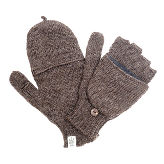 A pair of Bryant Fingerless Gloves w/ Flap in brown wool, laid flat on a plain white background. These convertible mittens showcase the left mitten with the flap up and the right mitten with the flap buttoned down, revealing partial fingers.