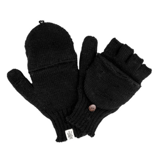 A pair of Bryant Fingerless Gloves w/ Flap in black, featuring a buttoned flap. One mitten is shown with the flap closed, covering the fingers, while the other has the flap open to reveal wool fingerless gloves underneath. A small tag is visible on one of the mittens.