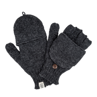 Introducing the Bryant Fingerless Gloves w/ Flap: A pair of dark grey convertible mittens designed for both warmth and versatility. One mitten is displayed with the flap closed, while the other shows the flap open to reveal cozy wool fingerless gloves underneath. Each mitten features a brown button that secures the flap when not in use, making them perfect for winter conditions.