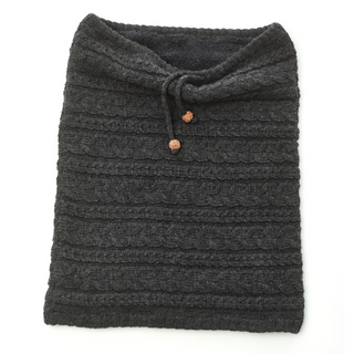 A black Lou Neckwarmer with a wooden button.