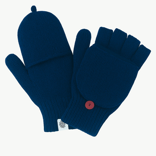The Bryant Fingerless Gloves w/ Flap are dark blue wool gloves with a convertible mitten flap, a red button, and a white snowflake-tag detail—perfect for keeping your hands warm and versatile during winter.