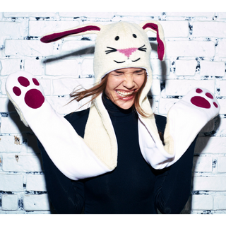 A woman wearing a Bunny Hatscarf.