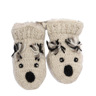 A pair of {Crochet Koala Mittens} with Sherpa lining on a white background.