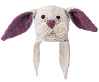 A wool knitted Hare Hat on a mannequin.