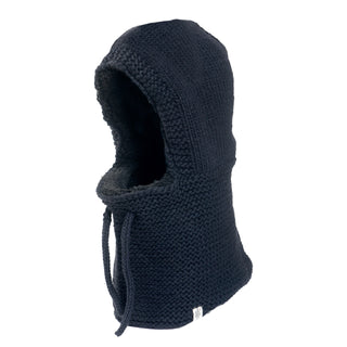 A handmade knitted Eddy Hood with a merino wool fur hood.