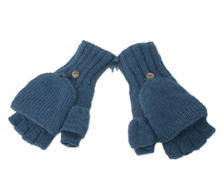 A pair of Fingerless Gloves With Button Flap and Fleece Lining in blue is laid flat on a white background. These winter gloves feature fingerless sections and mitten covers, allowing them to be worn in two different styles.