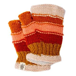 A pair of Short Cuff Handwarmers, meticulously handmade and adorned with horizontal stripes in shades of beige, brown, orange, red, and pink. These wool gloves boast a visible knit texture and feature a small white tag with a black graphic in one corner.