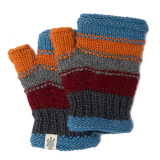 The Short Cuff Handwarmers are a pair of handmade, fingerless knitted gloves with a color-block pattern. The top of the gloves is blue, followed by an orange stripe, then gray, red, dark gray, and finishing with blue at the cuffs. These wool handwarmers also feature a small fabric tag attached to one of the gloves.