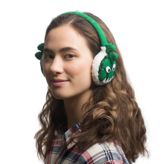 A woman wearing green and white, high-quality wool T-Rex Earmuffs.