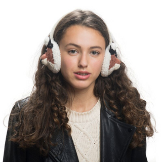A young woman with curly hair wearing a white sweater and a black leather jacket with Fox Earmuffs featuring an animal design.